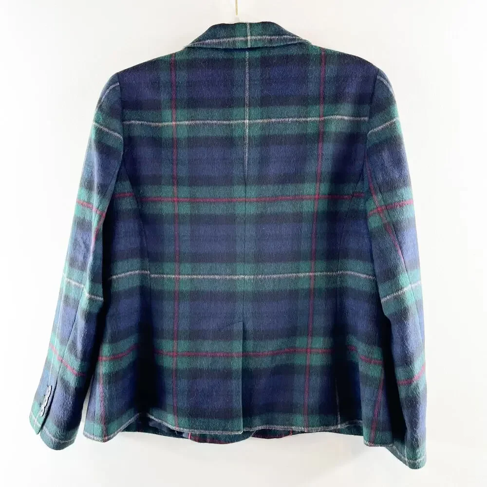 Talbots Brushed Wool Double Breasted Blazer Jacket Tartan Plaid Green 10P